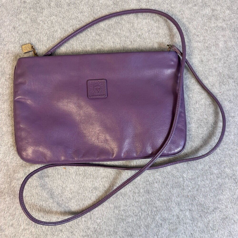 Vintage Anne Klein Womens Small Purple Clutch Shoulder Bag Gold Lion Logo